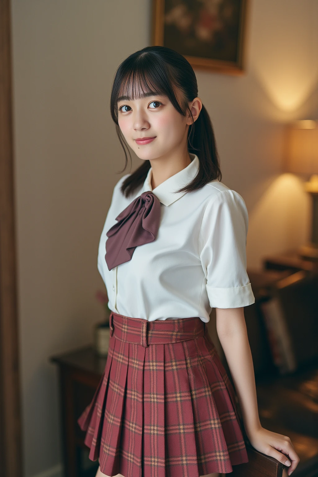 girl standing in old-Japan town,white shirt with string-bow,red pleated skirt,red small flower brooch on hair,18-year-old,bangs,a little smiles,thighs,crotch,knees,short cut hair,low ponytail,from below