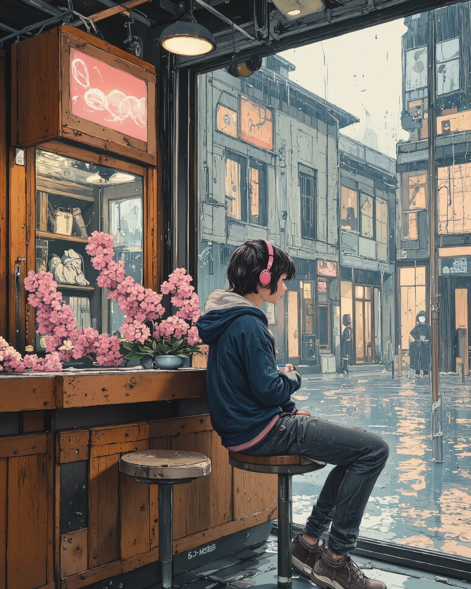 A cozy café with a wooden facade and large glass windows reflecting the wet urban street outside. A young person sits on a wooden stool at the counter, facing away, wearing a navy blue hoodie with a white hood and casual gray jeans. They have short dark hair and are wearing pink over-ear headphones, lost in music. Raindrops streak down the glass as soft café lighting contrasts with the cold, misty outdoor scene. A small wooden planter with damp pink flowers sits near the entrance. A nostalgic and moody aesthetic with a gentle lo-fi vibe."