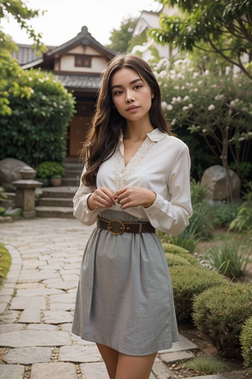 Asian woman, 30 years old(Thick black long straight hair: 1.2), （Extremely detailed CG 8k wallpaper），（Extremely refined and beautiful），（Masterpiece），（best qualtiy：1.0），（Ultra-high resolution：1.0 ），beautiful light up，Perfect lightning，realistic shaded，[A high resolution]，Smooth and flawless fair skin，Extremely delicate facial details，（Perfect body：1.1），ultra - detailed，A beautiful girl，Big head，pony tails， Big face，Big eyes，(Small breasts:1.1)，flatchest，Slim，Thin，Smile，cheerfulness，（White-collared long-sleeved shirt:1.1），（Red extra-long pleated dress：1.2），Crystal heels，Summer ，Daytime scene,Azure sky，Clean cloud Atmosphere: colorful flower garden，in castle，On the high ，Close-up Shot Shot，Hair and skirt fluttering in the wind