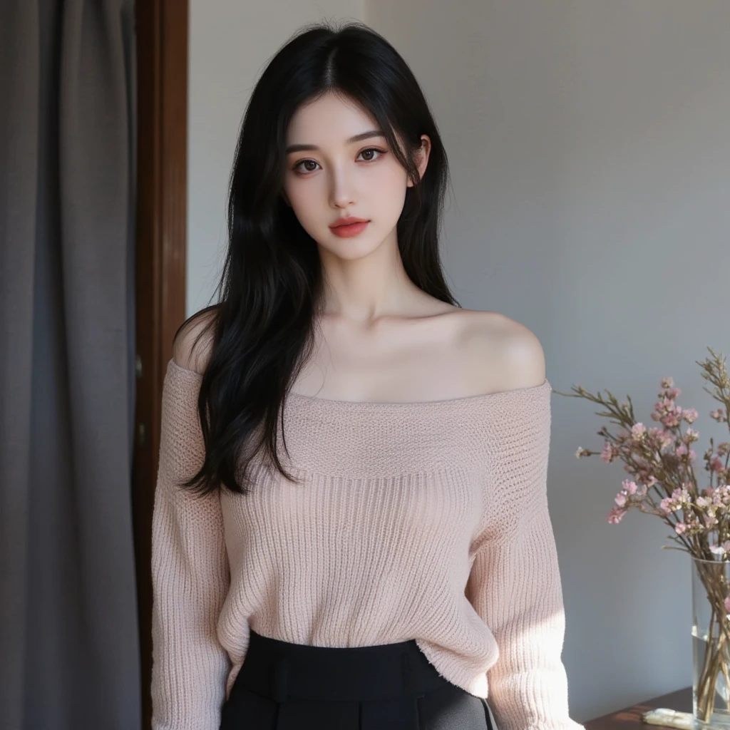(High resolution、8k:1.3)、masterpiece、(Ultra-realistic as a photo:1.3)、Very nice finish、perfect anatomy, Sharp focus, 超High resolutionの顔、highest quality、The face is in focus、Ultra high definition and beautiful eyes、Eyes are symmetrical、High quality and beautiful skin、Firm Skin、Japanese Girls, Slender、very cute、17 years old、(Off the shoulder、Pleated skirt、mini skirt), Natural Makeup, (blush:1.3), (Embarrassing:1.3)、Sitting、(View your viewers:1.3),short hair, messy hair