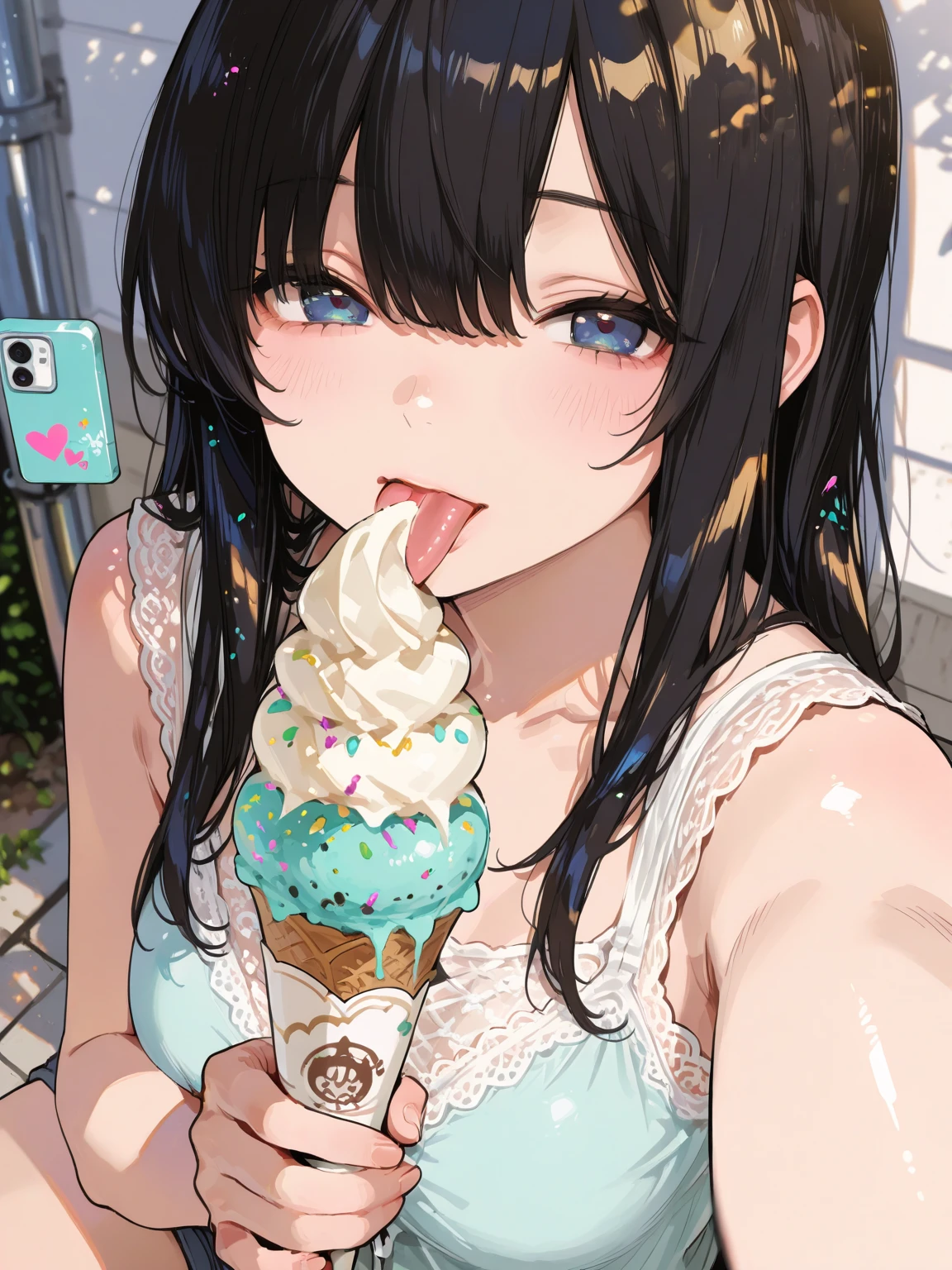 (masterpiece, Highest quality:1.5), (Super detailed, High resolution, 8K, Beautiful details, 超High resolution, Best Anatomy), Black Hair, Small breasts, 1 female, 20-year-old, Licking ice cream, Tank top