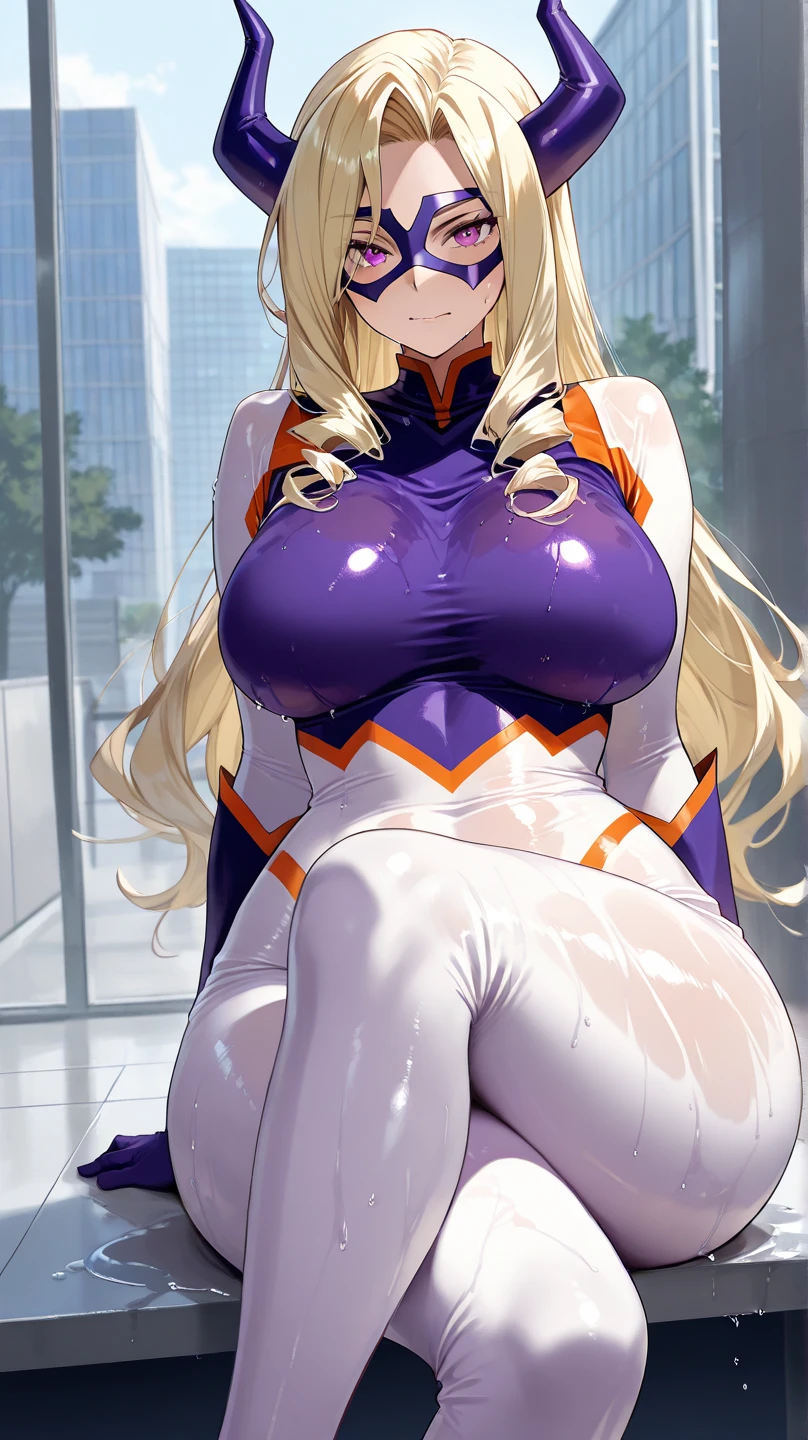(((best quality))), (((high resolution))), (((masterpiece))), ((ultra-detailed)), (illustration), ((an extremely delicate and beautiful)), ((super detail)), (((20 years old))), ((adult)), (((tall))), gleaming skin, shiny body, breast focus, (((((ultra-huge breasts))))), sadistic smile, ((big round eyes)), cute eyes, drooping eyes, two hands, five fingers, no extra hands, two legs, slender legs, ((biopunk)), ((metallic cloth)), (android), gynoid, delicate metal decorations, (medium length hair), (hair shorter than shoulder), braid, pony tail, ((midriff-baring outfit)), (shining brightly), daytime, city, (dark pink blond), (metallic dark violet), (latex), (spread legs), arms behind head, camel toe, sit with legs stretched out, (only left eye closed), (winking), soaking wet, pussy juice, (((bare legs))), (cybernetics), ((corrupted violet slime woman)), ((topless)), ((corrupted cheerleader)), ((corrupted maid)), ((bare breasts)), (slimy shining),