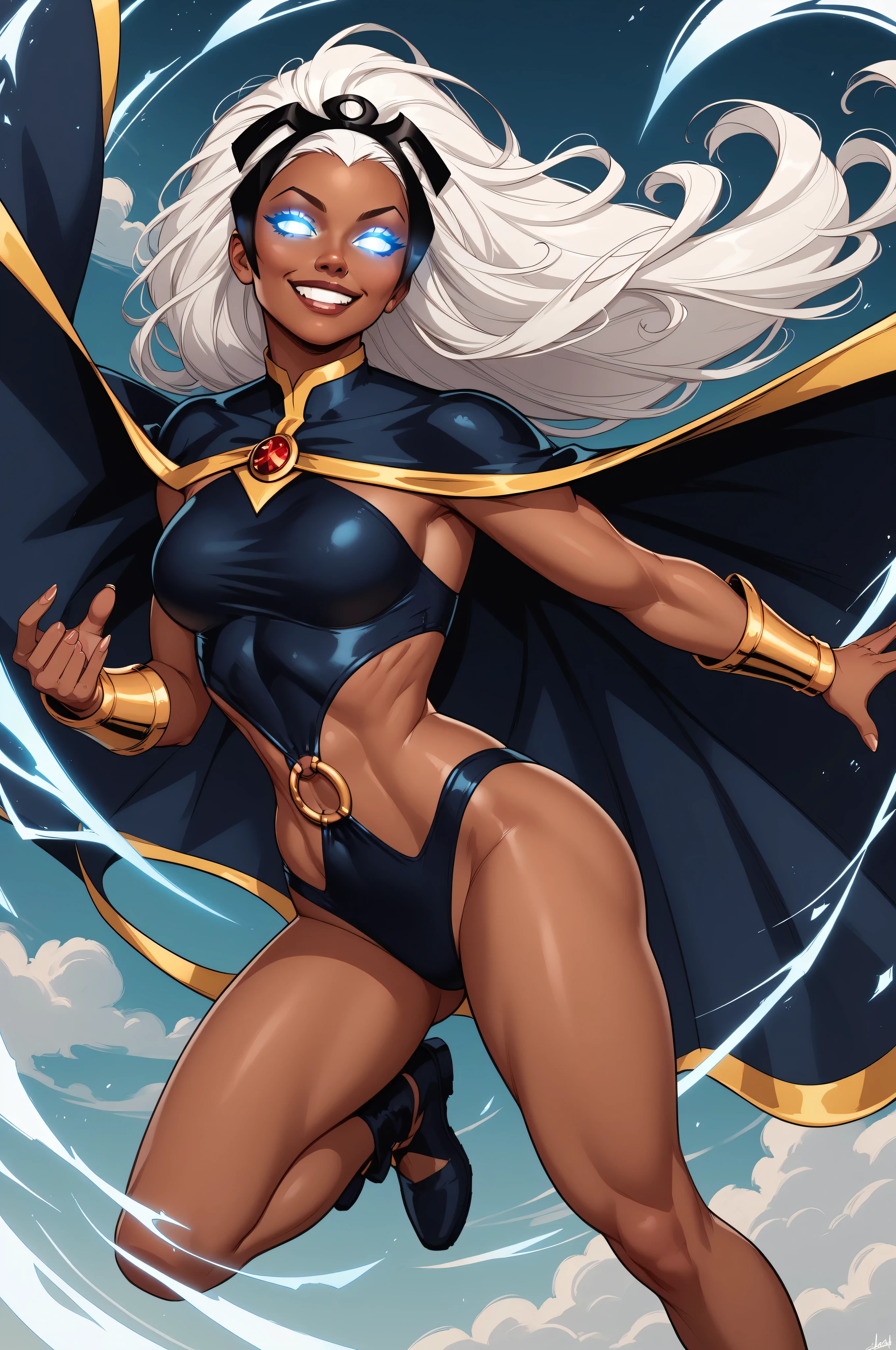 score_9, score_8_up, score_7_up, masterpiece, high quality
 strm, dark-skinned female, long hair, white eyes, no pupils, glowing eyes, headgear, tiara, cape, bracer, leotard, o-ring, highleg, grin, floating
 mtms