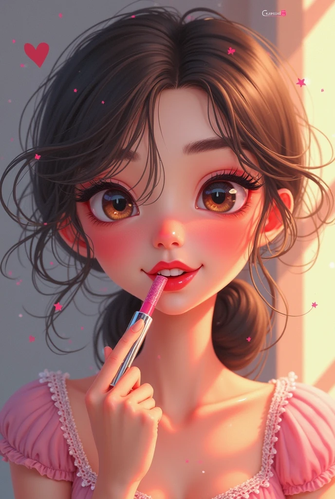 Drawing of a child putting on lipstick