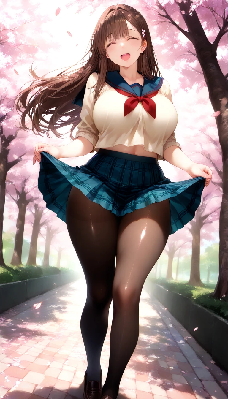 Gil Elvgren, Japanese style anime mysterious strange bizarre surreal fantasy sci-fi fantasy miniskirt high school girl slowly descending through the air holding on to a giant autumn leaf, hyperdetailed high resolution high definition high quality masterpiece, huge tits large ass, shirt and skirt hitched up, tits and ass all exposed, tiny triangle little panty, legs spread, viewer looking up from below to girl’s ass