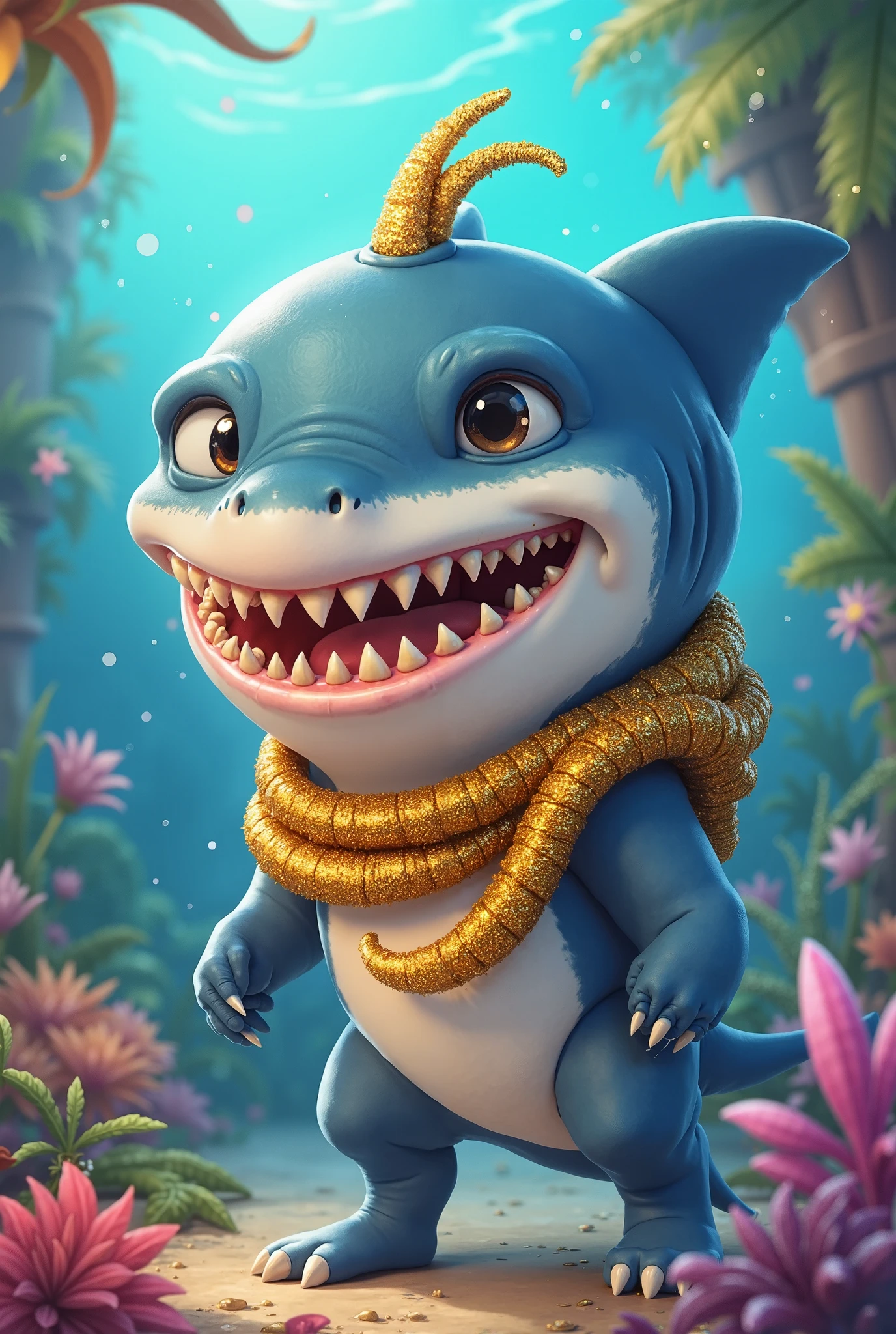 (chubby male shark cub), full body, dorable, magical oasis, fantasy, night time, moonlight, magical, extremely detailed, beautiful,whimsical, high resolution image, bright yellow vest, bright yellow briefs