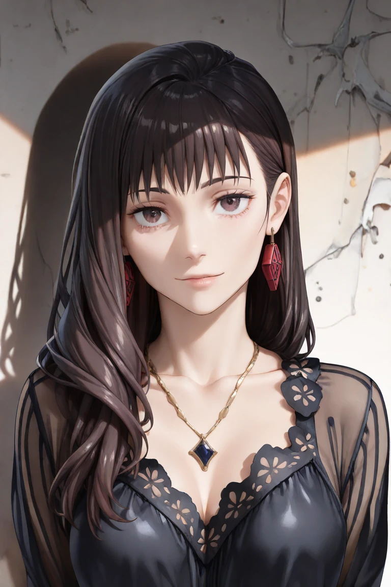(absurdres, highres, ultra detailed, HDR), masterpiece, best quality, Yuki Cross, 1woman, solo, beautiful, (long brown hair), vibrant red eyes, finely eye and detailed face, window, red curtains, black uniform, vampire knight, (arms behind back), solid crimson background,