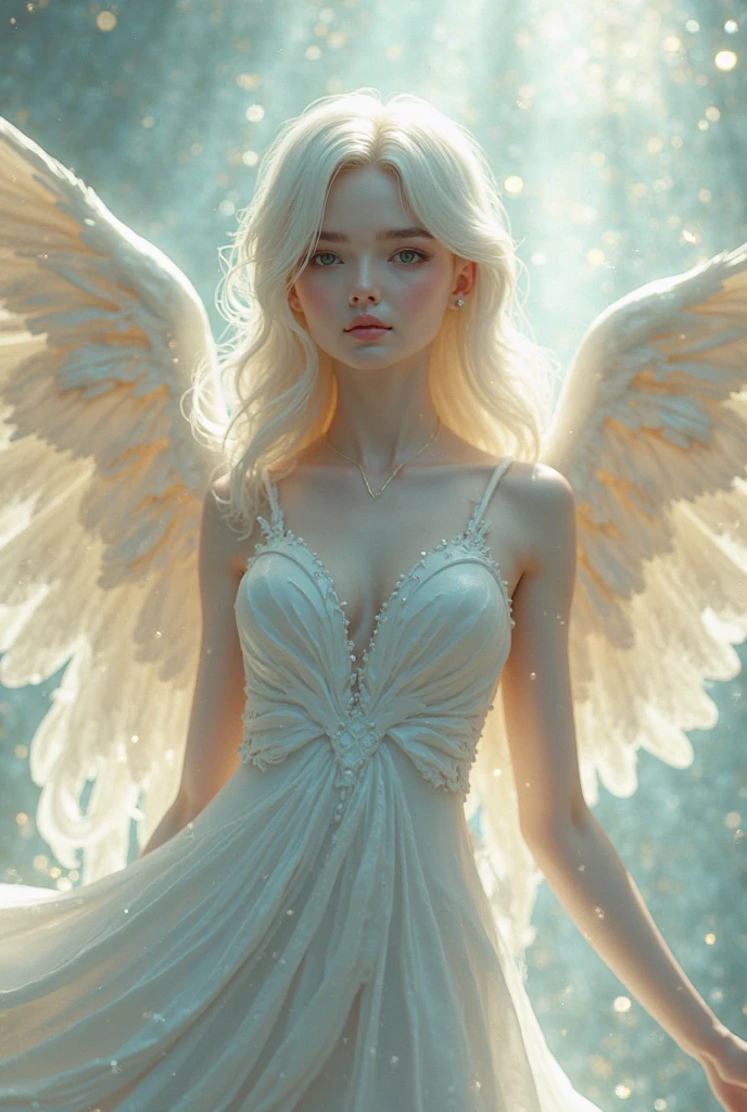 A age fem god boy with white curly hair, white skin, white eyes