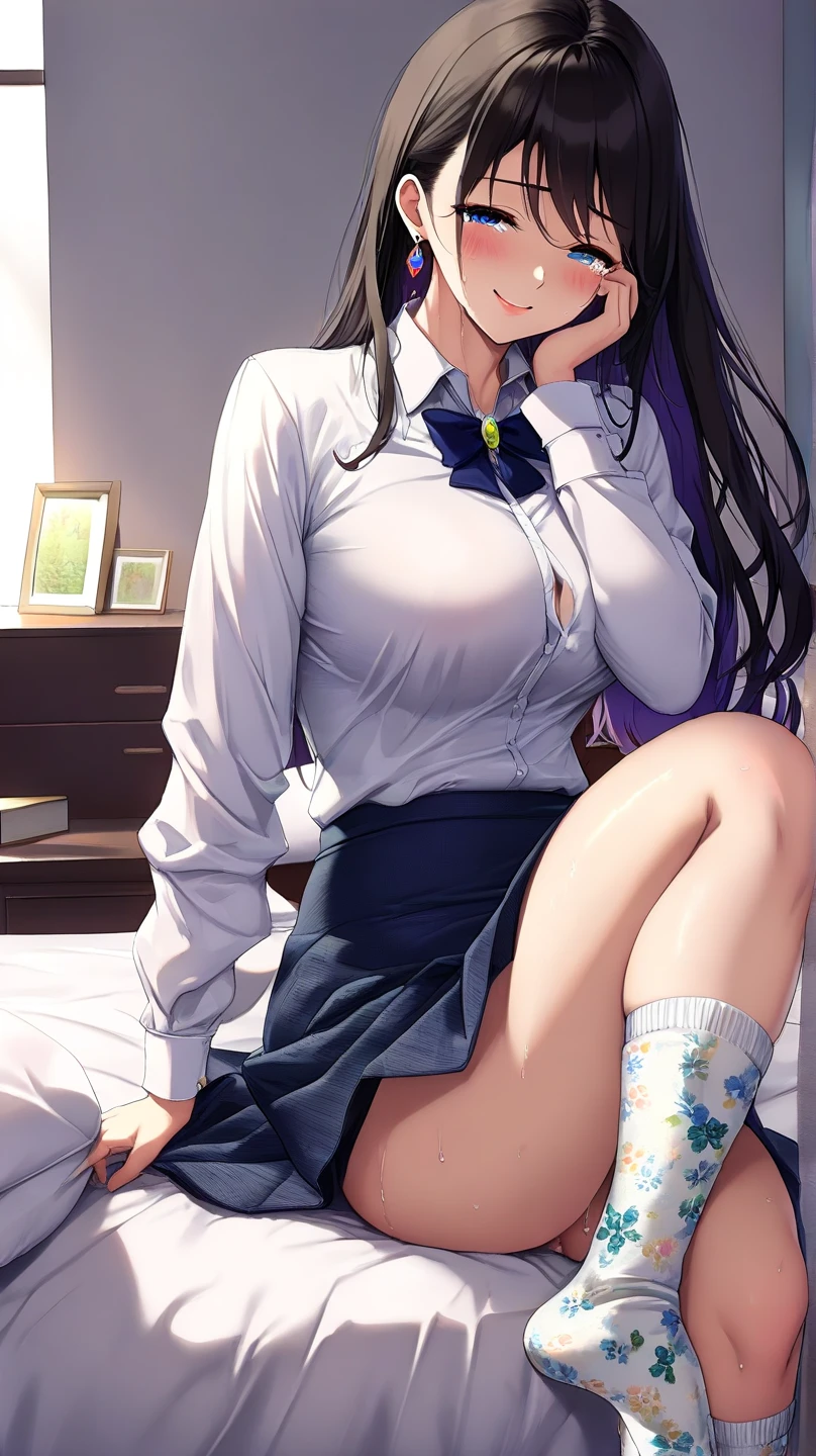 pantie,nsfw,lift pantie,lift underwear, scool girl uniform clothes, \(clothing\)white shirts,blue mini skirt,white pantie,low angle,BREAK,high leg,crotch,(((embarrassed,long hair))),shirase_sakuya/(idol_m@ster/),black straight hair