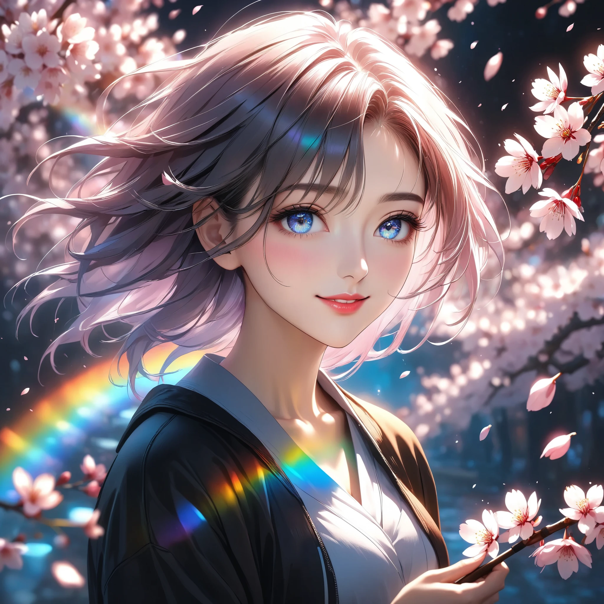 girl, alone, Dorsey , Spring break of,
\ I'm painting with bright, colorful light under cherry blossoms in full bloom, I'm looking down at a warm scene that conveys the arrival of spring\,
Why don't we draw spring together?, She's for you、we offer you a spring-like smile, We are、you'll be fascinated by all of them, to the sight of her sketching beautiful cherry blossoms,
holographic background , Clear and colorful rainbow, maximum number of colors that can be output