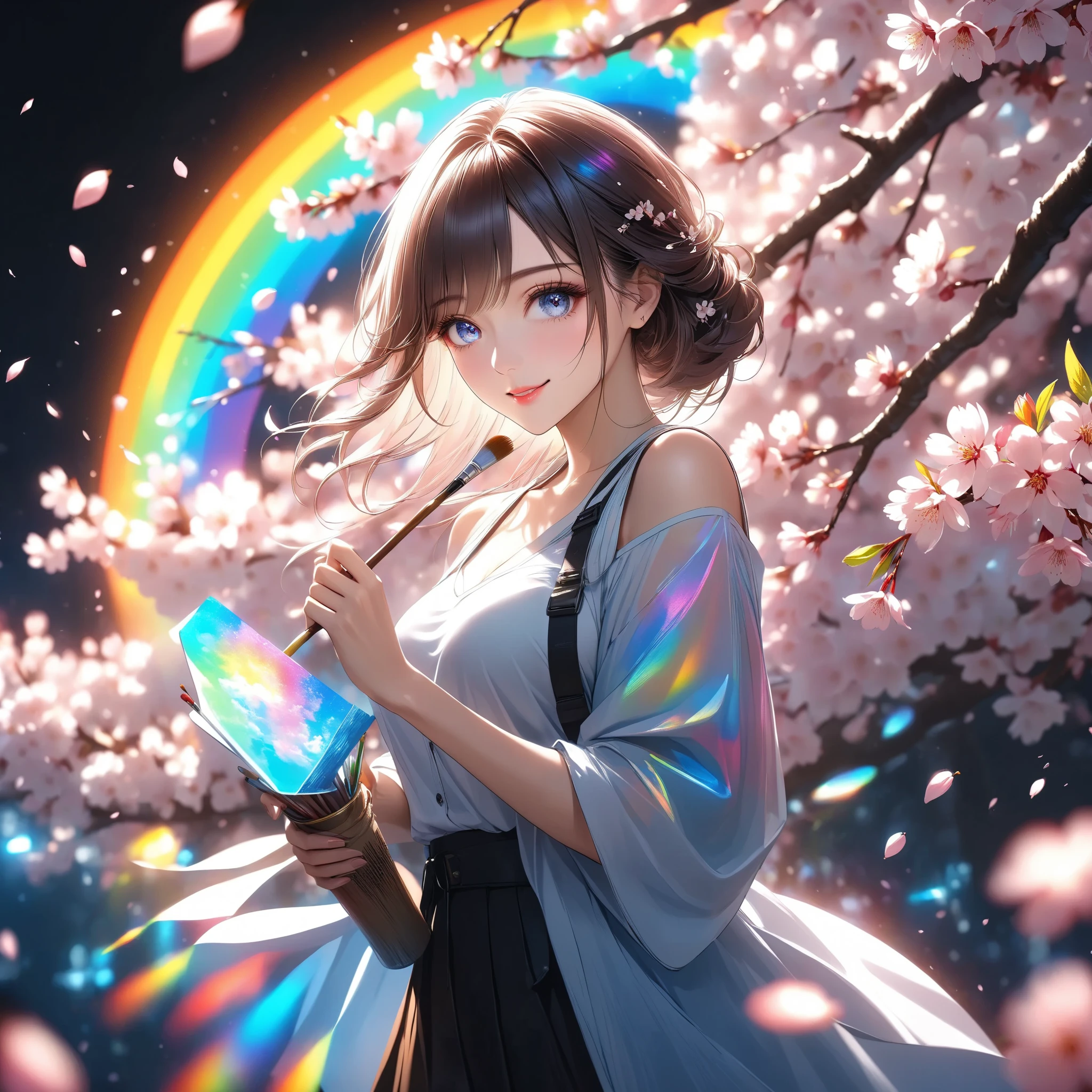girl, alone, Dorsey , Spring break of,
\ I'm painting with bright, colorful light under cherry blossoms in full bloom, I look down at a warm scene that conveys the arrival of spring\,
Why don't we draw spring together?, She's for you、we offer you a spring-like smile, We are、you'll be fascinated by all of them, Please create a premonition of love that sprouts in the cherry blossom blizzard,
holographic background , Clear and colorful rainbow, maximum number of colors that can be output