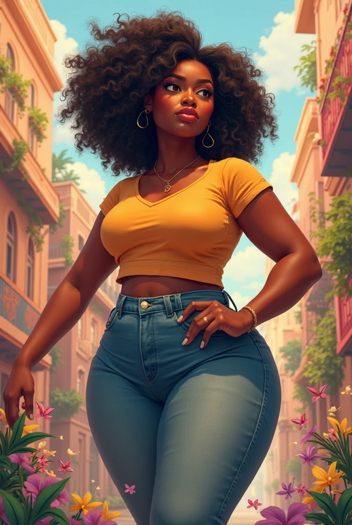 detailed, masterpiece, best quality, 1girl, score_9, score_8_up, score_7_up, narrow waist, huge breasts, wide hips, huge ass, thick thighs, undersized clothes, dark skin, thick lips, afro,