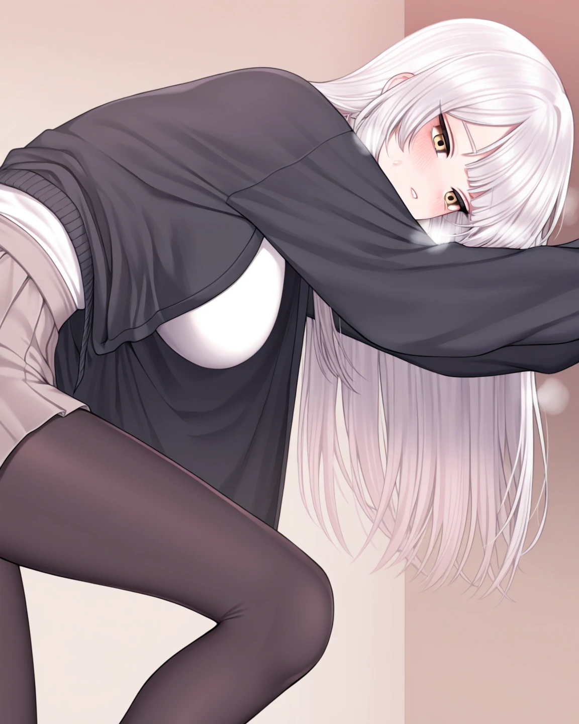 (tmasterpiece，high high quality，light grey sweater，stare，thigh boots，whaite hair，ssmile，onbed，Absolute realm，spread their legs，low head，Leg details，Foot details，detail in face，Knee detail，Shoe details)