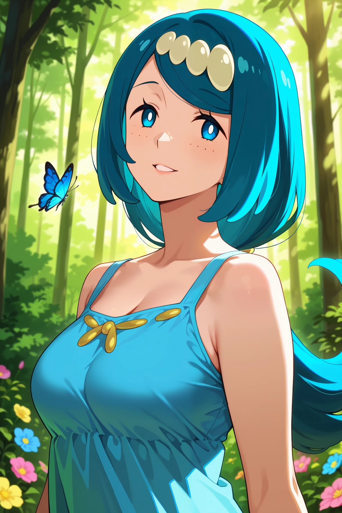 very aesthetic, highres, newest, anime screencap, anime coloring, 2d,1girl,lana's mother (pokemon),detailed portrait, beautiful facial features, serene expression, long flowing hair, elegant posture, beautiful scenery, natural lighting, lush forest, colorful flowers, butterflies, professional anime style, digital painting, masterpiece, 8k, photorealistic, ultra-detailed, vivid colors, soft lighting, warm color palette