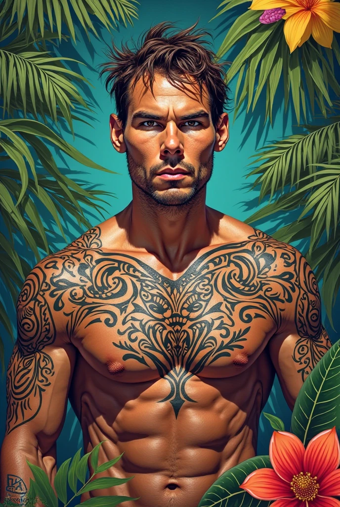 Create a realistic male human on the beach wearing sunglasses and covered in tattoos