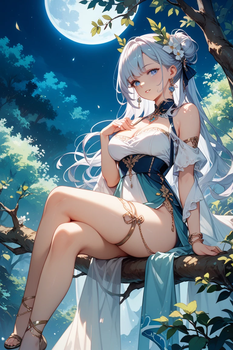 (Enrich the picture,Masterpiece level quality)Beautiful 8K CG artwork,Goddess-like posture,sittinng on the river,Postural exercises,Slim and soft,Translucent skin,Silver hair、The beauty of extra-long hair, Super Long Straight Hair,The skin is fair and juicy,Underwear uniforms,Perspective Part 1.2x enhanced silhouette effect,Exquisite transparent blues pattern in pajamas,The details are intricate and exquisite,The background is slightly blurred,Charming and lustful leg seduction,Drool,K cup big breasts,Blush,Japan goddess,Perfect body slim curves,Scene by the sea,