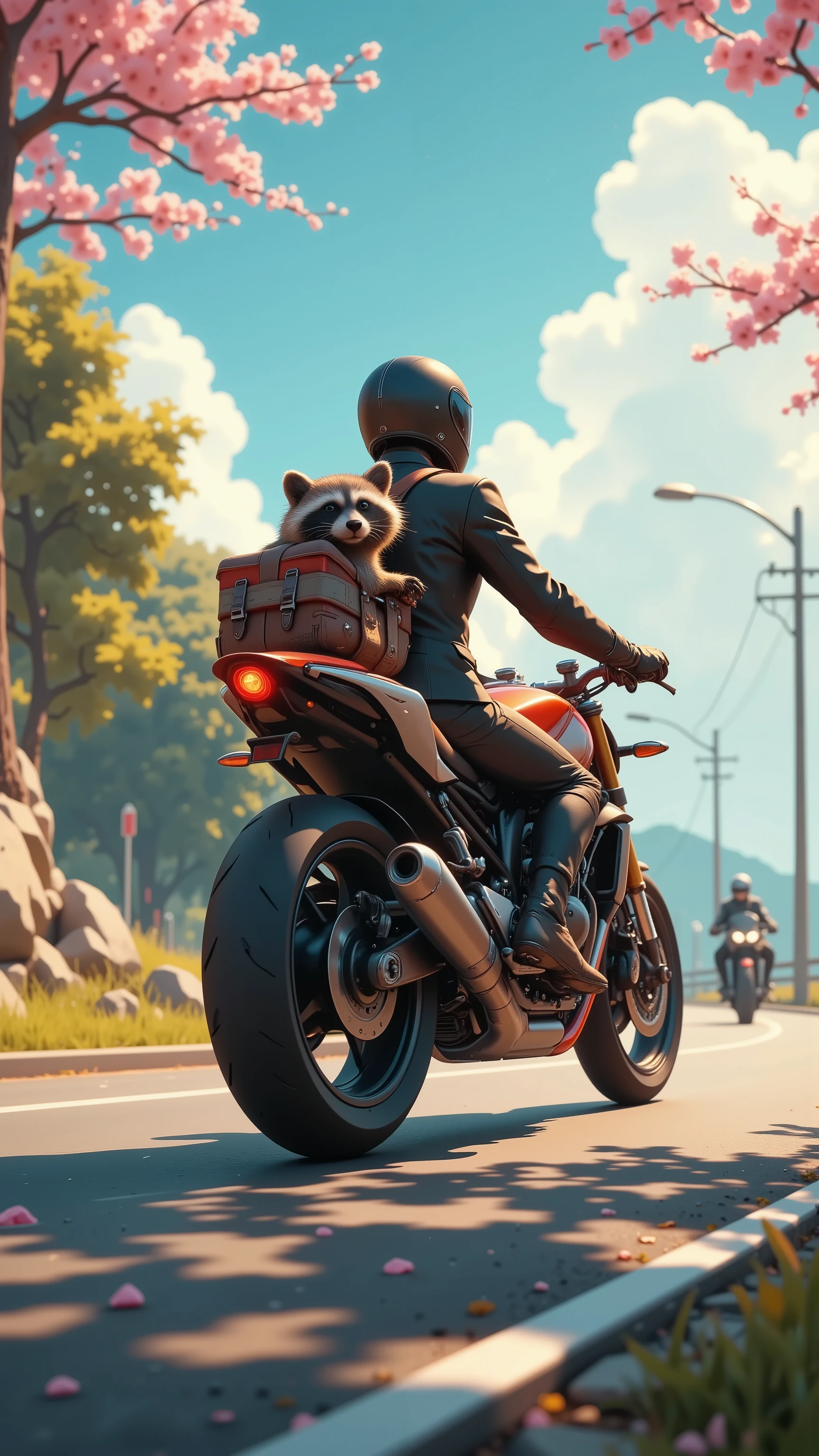 ((Best Quality)),( super high definition),(Super detailed),( detailed description ),((The best CG)),(masterpiece), ((a man Ride a seaside road on a motorcycle)),wearing a rider suits ,rider boots,ゴーグル,(angle from behind,motion blur ),spring season,(桜の花が舞う:1.5),The road is curved,(Raccoon in the rider’s backpack )