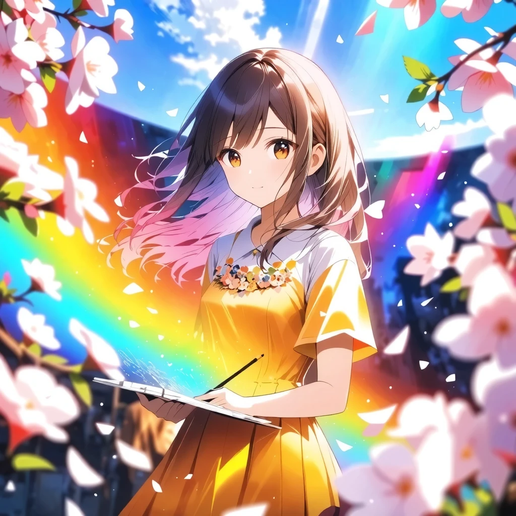 girl, alone, Dorsey , Spring break of,  
\ I'm painting with bright, colorful light under cherry blossoms in full bloom, I look down at a warm scene that conveys the arrival of spring\, 
Why don't we draw spring together？, She's for you、we offer you a spring-like smile, We are、Please create a premonition of love that sprouts in the cherry blossom blizzard、You'll be fascinated, to the sight of her sketching beautiful cherry blossoms, 
holographic background , Clear and colorful rainbow, maximum number of colors that can be output