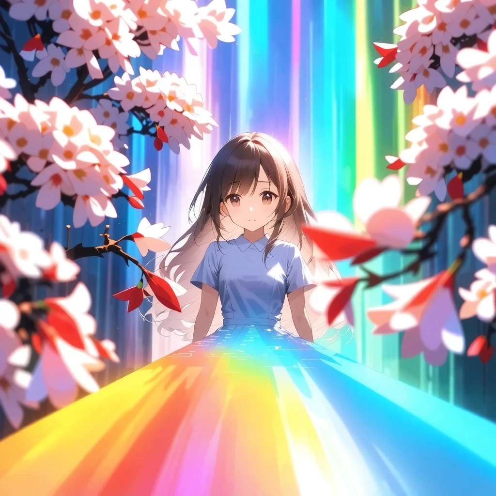 girl, alone, Dorsey , Spring break of,  
\ I'm painting with bright, colorful light under cherry blossoms in full bloom, I look down at a warm scene that conveys the arrival of spring\, 
Why don't we draw spring together？, She's for you、we offer you a spring-like smile, We are、Please create a premonition of love that sprouts in the cherry blossom blizzard、You'll be fascinated, to the sight of her sketching beautiful cherry blossoms, 
holographic background , Clear and colorful rainbow, maximum number of colors that can be output