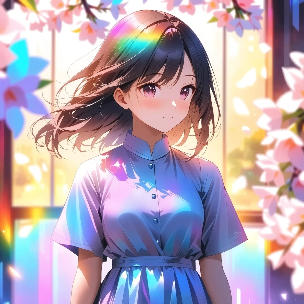 girl, alone, Dorsey , Spring break of,  
\ I'm painting with bright, colorful light under cherry blossoms in full bloom, I look down at a warm scene that conveys the arrival of spring\, 
Why don't we draw spring together？, She's for you、we offer you a spring-like smile, We are、Please create a premonition of love that sprouts in the cherry blossom blizzard、You'll be fascinated, to the sight of her sketching beautiful cherry blossoms, 
holographic background , Clear and colorful rainbow, maximum number of colors that can be output