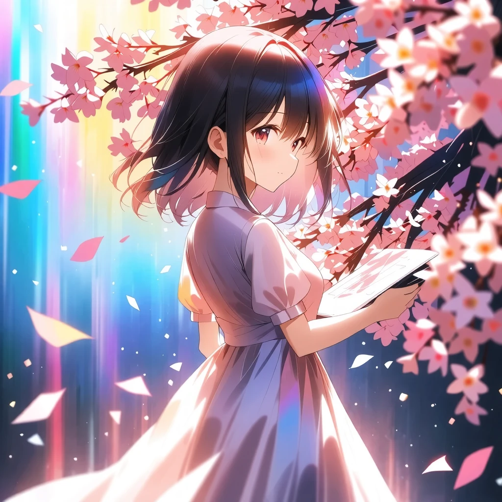 girl, alone, Dorsey , Spring break of,  
\ I'm painting with bright, colorful light under cherry blossoms in full bloom, I look down at a warm scene that conveys the arrival of spring\, 
Why don't we draw spring together？, She's for you、we offer you a spring-like smile, We are、Please create a premonition of love that sprouts in the cherry blossom blizzard、You'll be fascinated, to the sight of her sketching beautiful cherry blossoms, 
holographic background , Clear and colorful rainbow, maximum number of colors that can be output