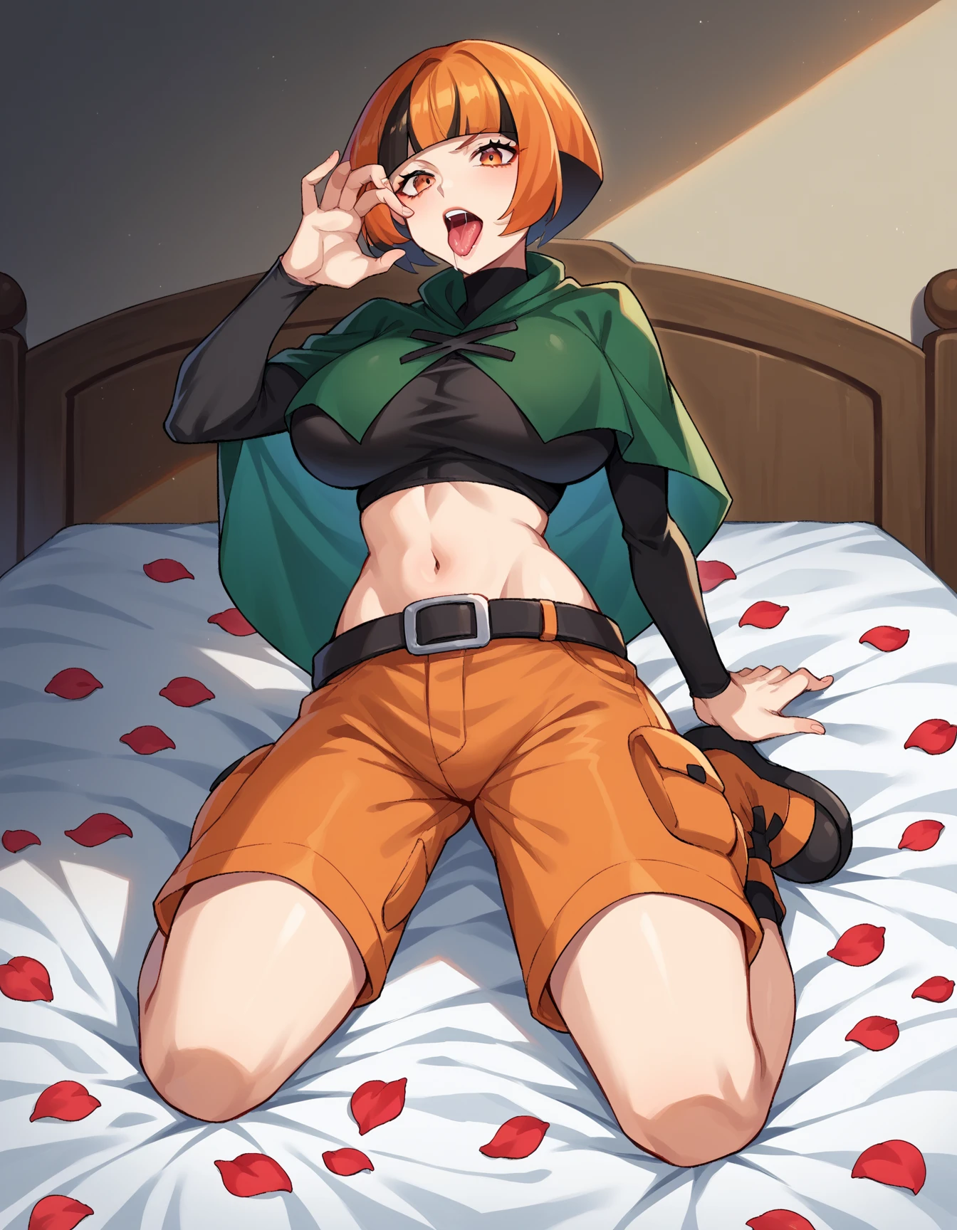 angry look, bound, bed straps, bdsm, bondage, restrained, gag, gagged, lying, bound legs, horizontally_restrained, spread_legs, 1girl, Kim Possible, red hair, navel,green eyes,midriff, belt, green cargo pants,orange hair,black crop top,turtleneck long sleeves, solo, stationary restraints, wide spread legs, restrained, ball_gag, BREAK score_9, score_8, (score_7:0.5), (score_6:0.5)
