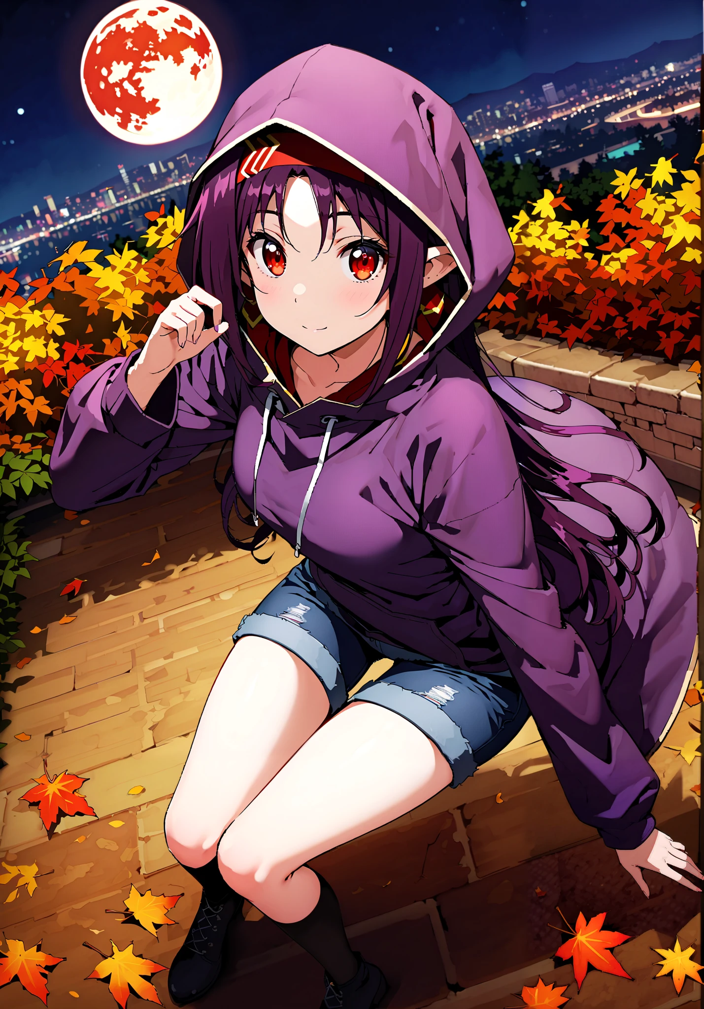  yuukiKonno, Konno Yuuki, pointed ears, purple hair, red eyes,long hair,Purple oversized hoodie ,Denim Micro Shorts,Bare legs,boots, hood up ,autumn,autumn leaves,night, full moon,is standing,put one&#39;s hands in one&#39;s hoodie pockets,綺麗なnight景,Beautiful cityscape,full bodyがイラストに入るように,break outdoors, garden,
break looking at viewer,full body,
break (masterpiece:1.2),best quality , kampala,Unity 8k Wallpaper,(shape:0.8),(  fine, beautiful eyes  :1.6),It's a person ,full body写真,CG Details , (perfect hands,complete anatomy),