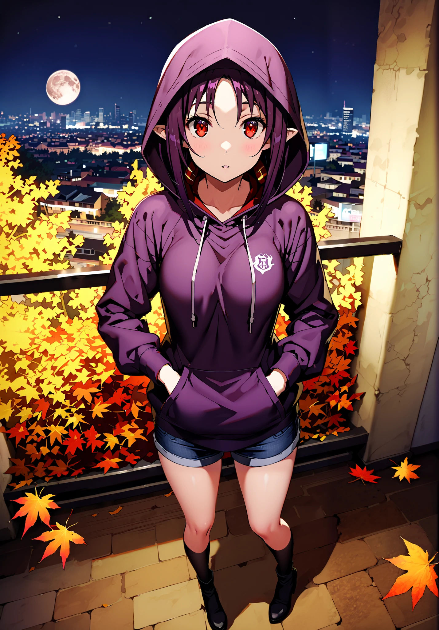 yuukiKonno, Konno Yuuki, pointed ears, purple hair, red eyes,long hair,Purple oversized hoodie ,Denim Micro Shorts,Bare legs,boots, hood up ,autumn,autumn leaves,night, full moon,is standing,put one's hands in one's hoodie pockets,綺麗なnight景,Beautiful cityscape,full bodyがイラストに入るように,break outdoors, garden,
break looking at viewer,full body,
break (masterpiece:1.2),best quality , kampala,Unity 8k Wallpaper,(shape:0.8),( fine, beautiful eyes :1.6),It's a person ,full body写真,CG Details , (perfect hands,complete anatomy),