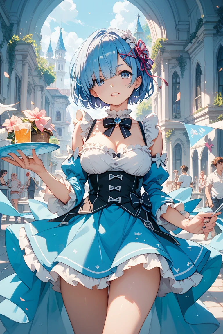 a young woman standing next to a bunch of flowers, 1 girl, flower, (one index finger:1.2), ((A sparkling smile:1.5, Hilarious:1.5, smile:1.5)), POV, flower束, looking at the viewer, flowerびらの背景, カラフルなflower, simple background, holding, Upper body,big breasts、 head shot, (beautiful breasts)、((blue hair:1.5))、(short hair)、(((short bob hair)))、thin waist、small ass、、ultra high resolution、Detailed arm:1.2)