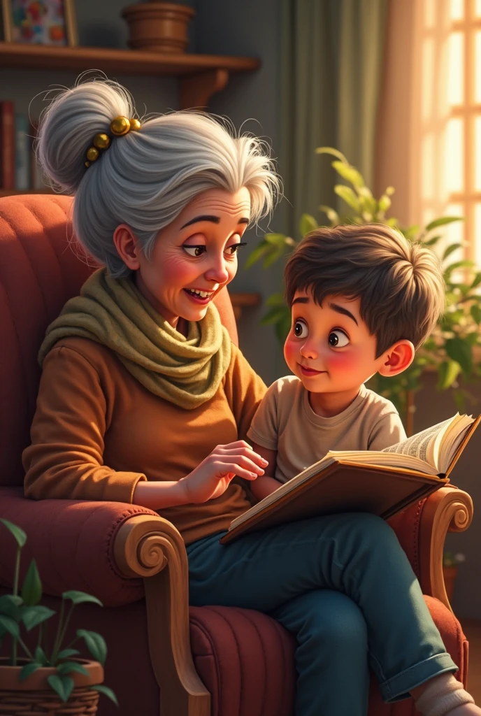 Grandmother sitting with her grandson talking about the past