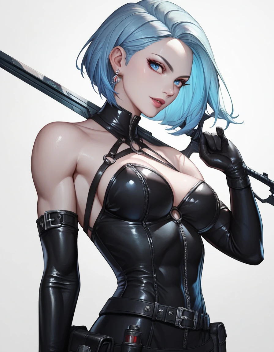 She is wearing a maid costume/Batman/Spiderman/Kamen Rider,the outfit is black with white parts/built-in weapons, the criminals are right behind her observing her movements, in the dark alley where she is located/night/full moon, she is fully alert, looking at the viewer, smiling, outfit/face/covered in blood, 1 woman with blue eyes and short green mohawk hair, Anime style, Max Masterpiece/resolution/quality/detail/sharpness, well-drawn, extremely beautiful, professional drawing