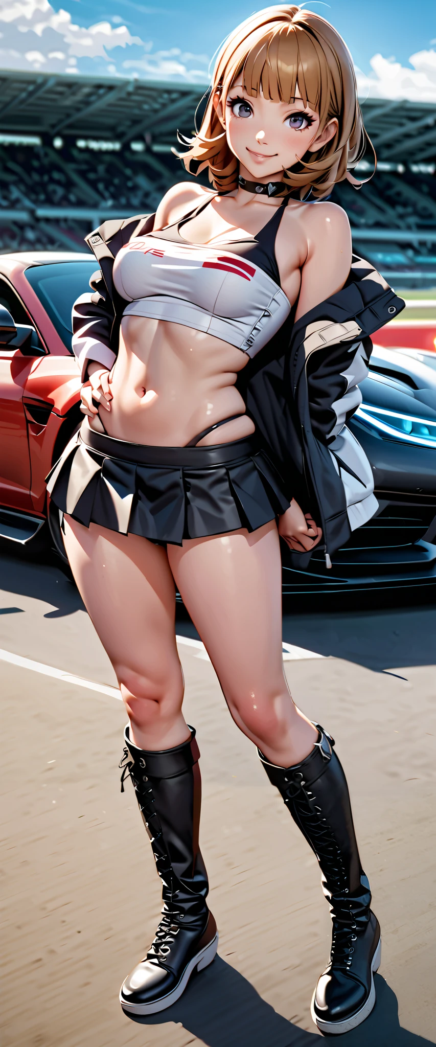 best quality, super high resolution, One person, small breasts, black choker, smile, exposes shoulders, focus only , Viewers,Fair skin,car race track,photon mapping, Physically Based Rendering, RAW photos , very detailed background, K-pop Idol ,depth of field,hair ornament,detailed face,radiant skin, game cg,full body, shiny micro mini skirt ,shiny micro tube top,shiny knee-high long boots,race queen,Big Breasts,cute pose,tall and low sports cars,Hold a short-sleeved jacket in your hand,gross lips
