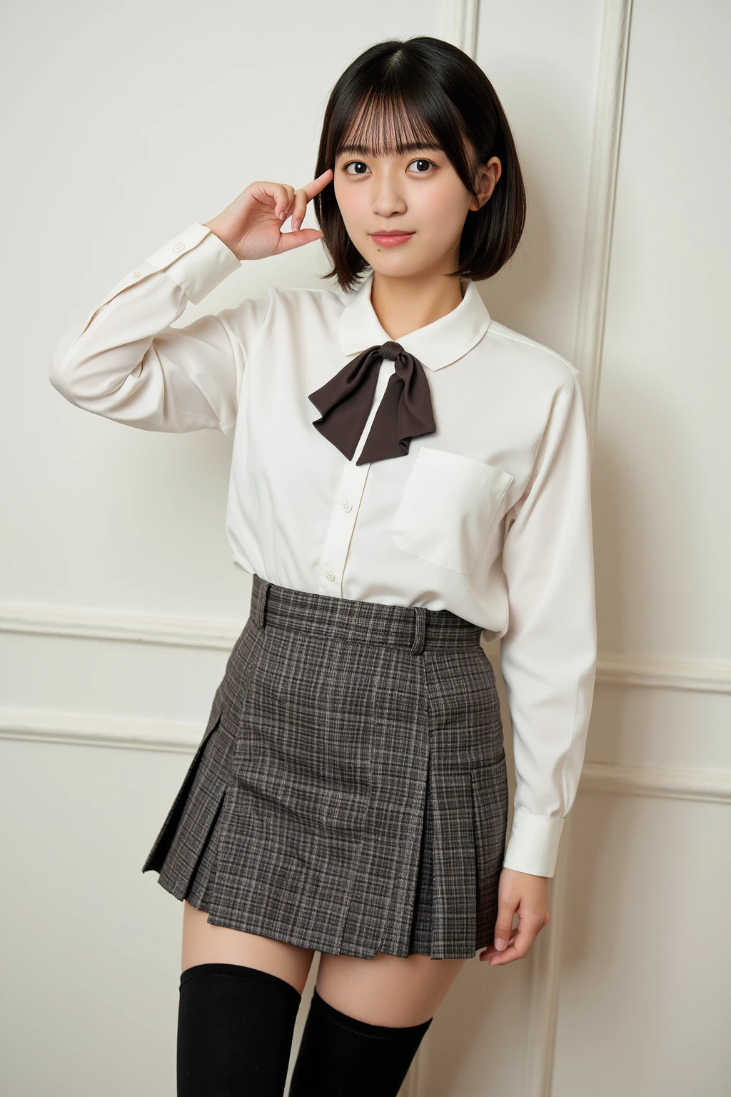 ((Highest quality)), ((8k)), ((masterpiece: 1.3)), (Perfect appearance), (Photorealism: 1.6), (JMA), (Genuine:1.4), 1 Mature Woman, Perfect Anatomy, 60 years old, Medium Long Hair, (Plain ,Lantern Sleeve, Tie neck shirt), (Airy Skirt), ((Standing posture: 1.3)), (Outdoor Resort: 1.2),