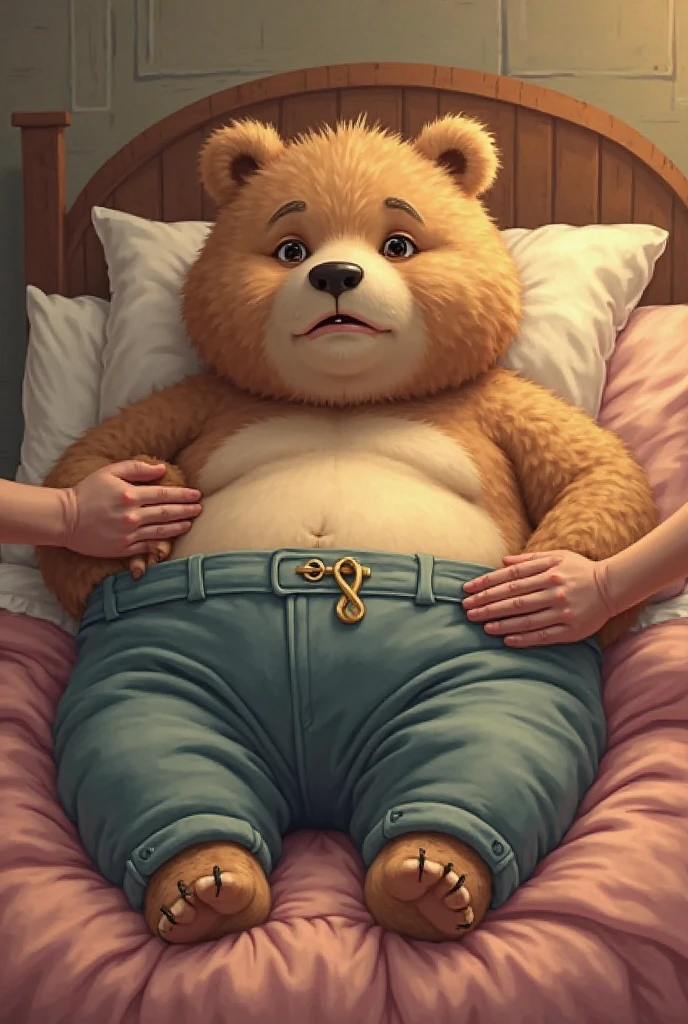there is a big stocky chubby masculine man laying on a bed reading a book next to a giant teddy bear, as Winnie the pooh,(Futa outline Bulge in pants)
(Masterpiece, Best Quality: 1.2), Solo, Male Focus, 1 Boy, Denji, brown Hair, Brown Eyes,shirtless, Bulging Underwear, Erection), ((Mokkori: 1.4)), ((Very thick chest plate)), (Thin underwear, wet, beautiful nipple slip: 1.4)), Glossy skin, (sweaty skin))), (POV, view from below: 1.2), in the bedroom, big biceps, big butts underneath thin transparent wet thong