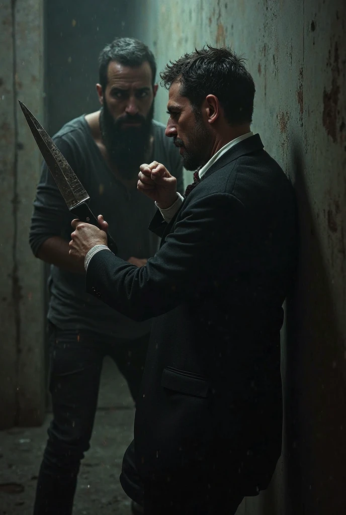 Best quality, masterpiece, ultra high res, photorealistic:1.5, raw photo,ultra reality, bearded man, short hair, a man standing over a group of injured gangsters, wearing gray checkered shirt,holding knives in both hands, bloody hands, injured, some bruises, fighting, in the warehouse, cinematic lighting