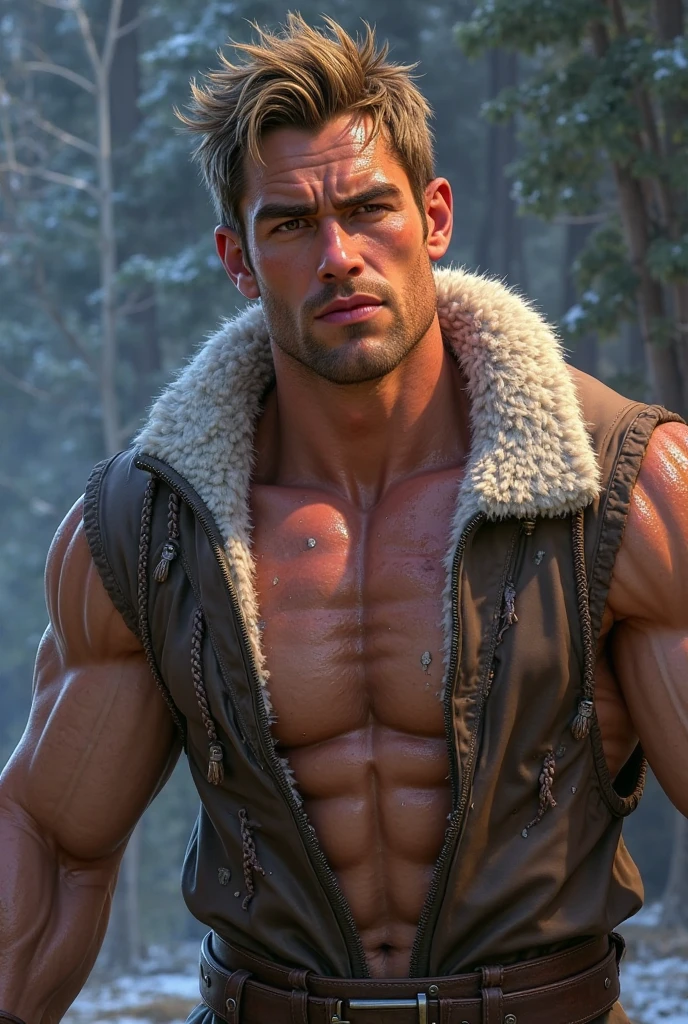 Shaman strong dark-skinned man shaved head wolf skin coat open on chest at waist rodiade of wolf teeth
