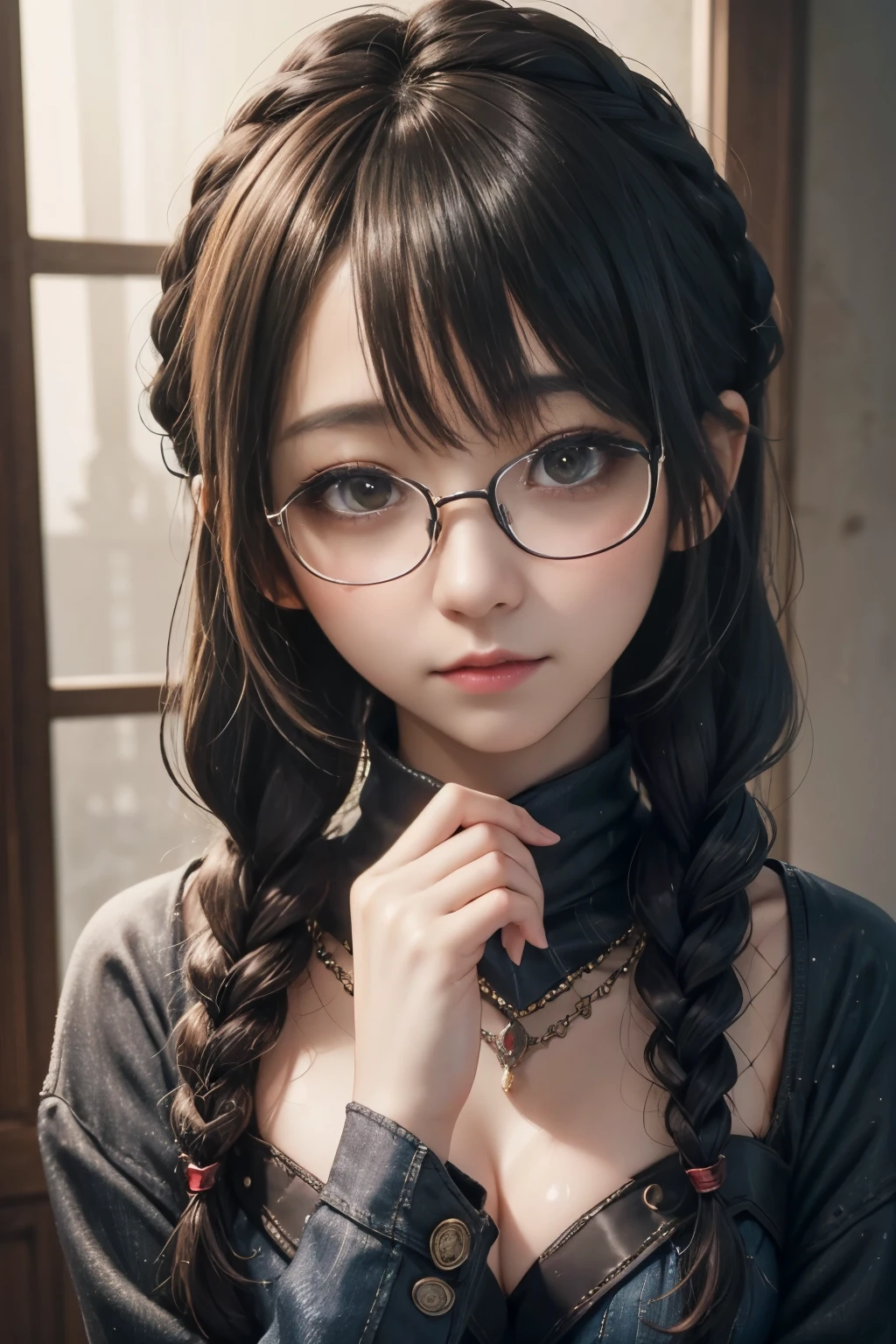 ８ｋ、High resolution、Kanban Lady、beautiful girl、gothic costume、young、white skin,、narrow eyes,high nose,lighting that illuminates the face、clear image、intellectual beauty、skinny、no makeup、anxious look、lighting that illuminates the face,shining hair、single eyelid,blue eyes、at shop、vivid pose、female clerk,wearing glasses