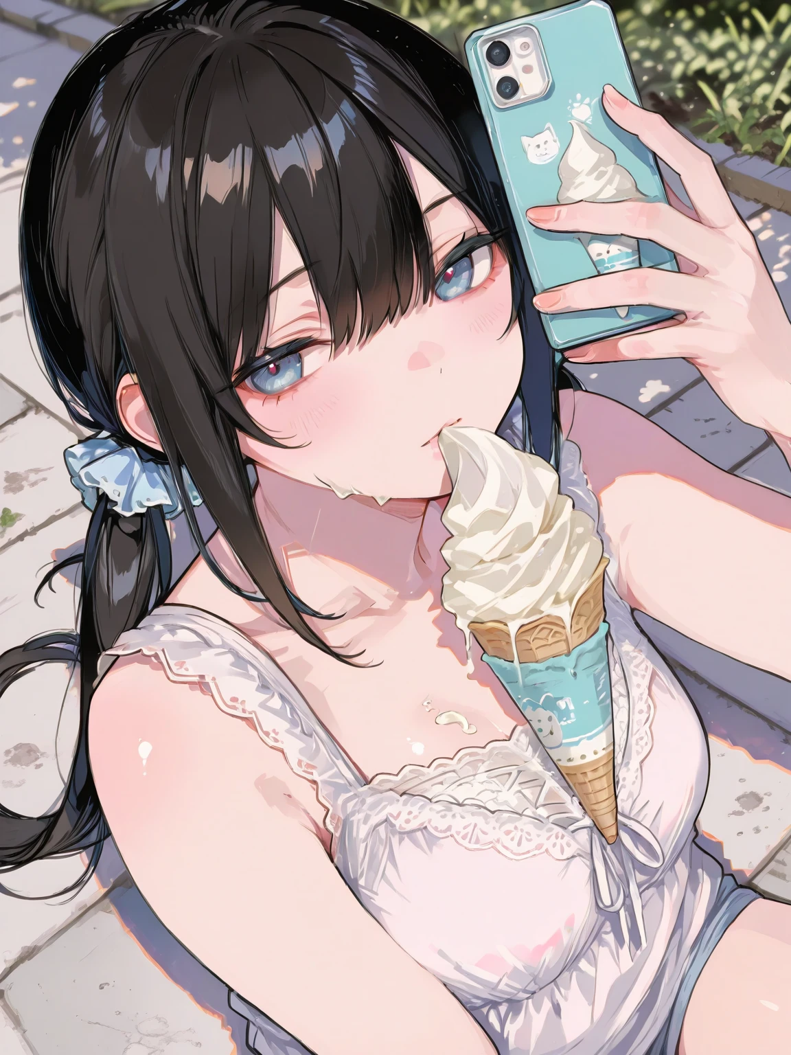 holding ice cream in hand,Put ice cream to mouth,Licking ice cream,from front,front view,looking at viewer, looking ahead,from above,cowboy shot,1girl,Beautiful 14 year old girl,Japanese,Slender,,low length,Small breasts,Thin legs,Small Ass,Baby Face,Small face,Black Hair,one side up,Gray Eyes,slit pupils,Drooping eyes,middle School girls,Sheer black and pink negligee,lingerie,open mouth,tongue out,front face,Kneeling,Straight Stand,Beautiful and detailed anime art,Mischievous smile,Sexy vibe,cum on tongue,Dimly lit room,On the bed,Simple Background,Gray background,Low lighting,