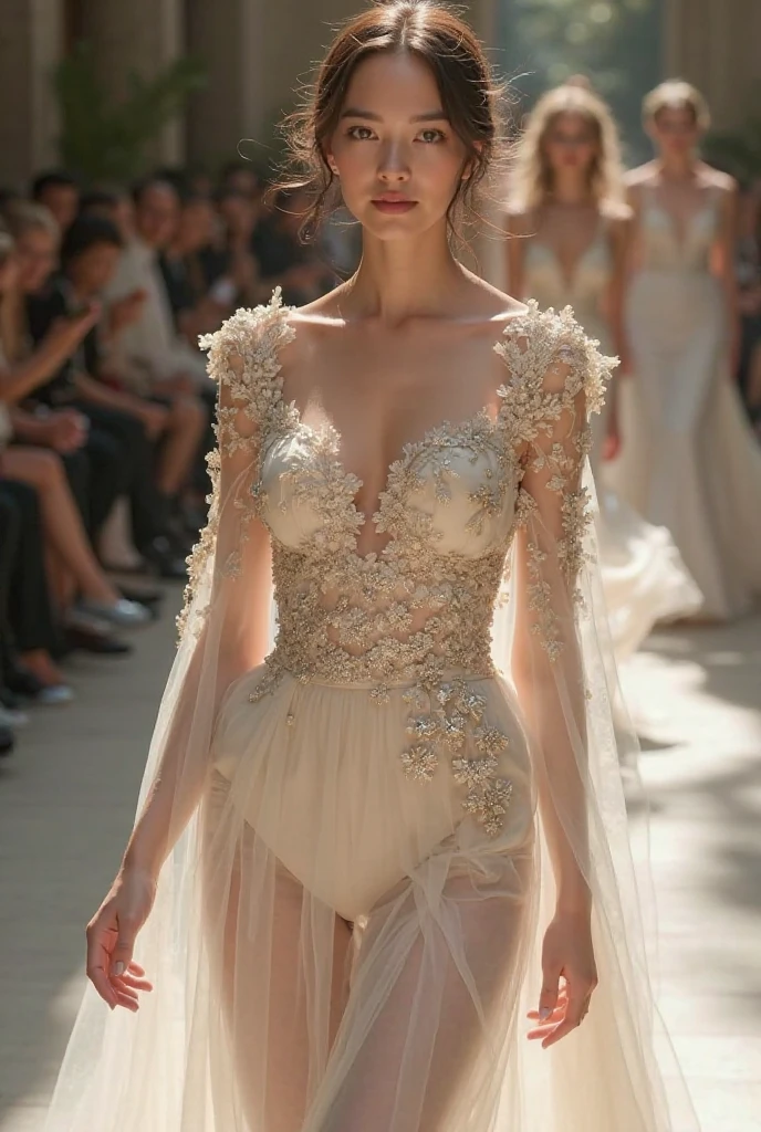 masterpiece, best quality, extremely detailed, hyperrealistic, photorealistic, a beautiful 20s french model, ultra detailed face:1.1, catwalk, walking down a runway at a fashion show scene, the scene of the paris fashion show, full body shot:1.1, spotlight, elegant, ivory long dress:1.2, medium hair, blonde hair, pale skin, busty breasts, smiling