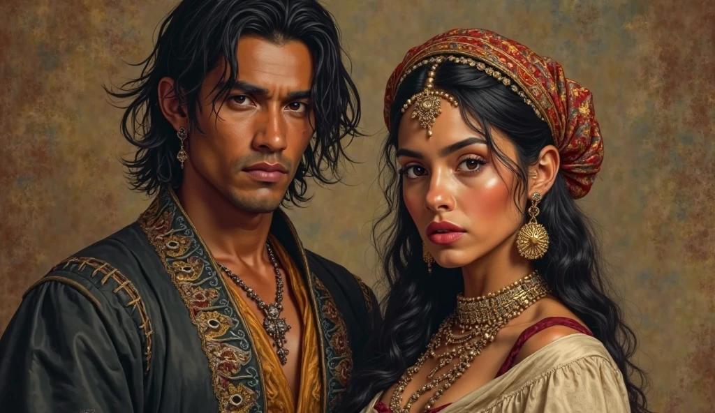 ((Baroque style painting of a beautiful gypsy couple, man and woman)) earrings and bracelets, beautiful and sexy young people, lascivious and mischievous face, dressed in red, black and gold clothes in the style of the Victorian Era, light blue eyes, mouth sexy and shapely, long wavy brown hair, silky, falling over her shoulders, ((looking at the camera)), ((Hugging each other near a fire in a gypsy camp)). Baroque painting