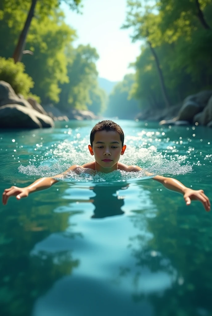 Boy teenager sitting in the water,Shirtless,with fair skin,ssmile,Diving tools