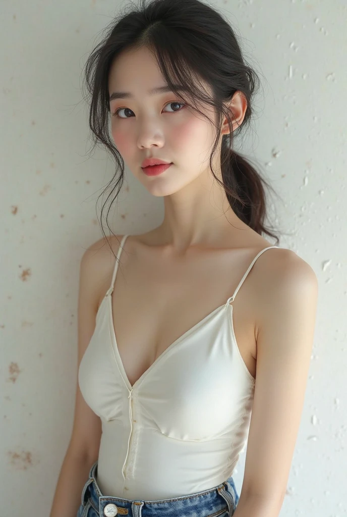 (masterpiece, best quality:1.4), beautiful face, 8k, 15yo, 85mm, absurdres, white theme, (upper body, ballerina:1.2), face close up, violaceaess, gardeniass, slender, delicate girl, solo, looking at viewer, frill clothing, (smile:0.6), cinch waist, thin waist, teen, bun hair, film grain, chromatic aberration, sharp focus, facelight, professional lighting, sophisticated, (smile:0.4), in room, (white wall, simple background, bokeh background:1.2), detail face