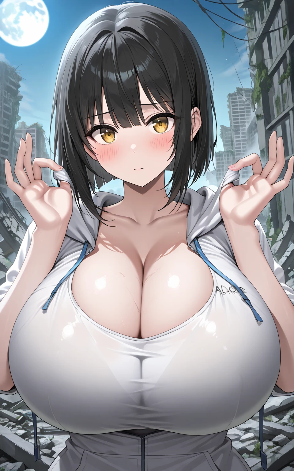 6girls, pov, paizuri, penis between the breasts, breasts squeezed together, , cleavage, wet penis, , ,, paizuri , penis between the breasts, breasts squeezed together,,post apocalyptic , damaged town, nuke explosion background, nuclear explosion background, sweat, shocked, interrupted titfuck, pubic hair, areola slip