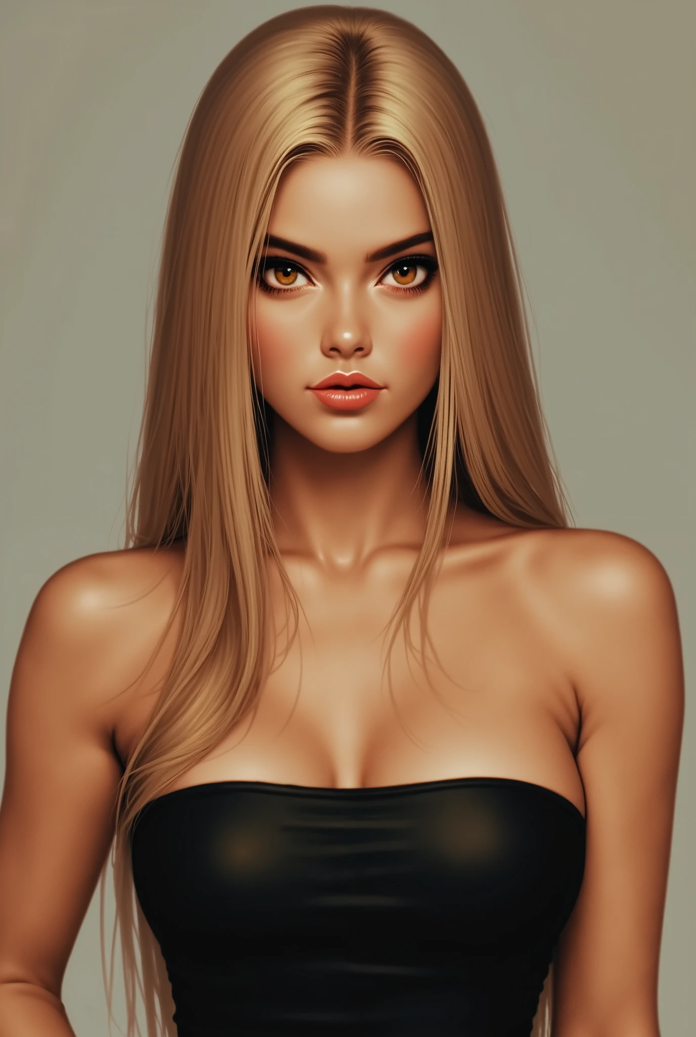 drawn, dark blonde hair, very long smooth hair, black thin eyebrows, orange eyes, big eyes, black eyelashes, black eyeliners, nose, bright dark lips, thick lips, parted lips, blushing, perfect body, collarbone, cleavage, huge breasts, wearing a tube top, solo, looking at viewer
