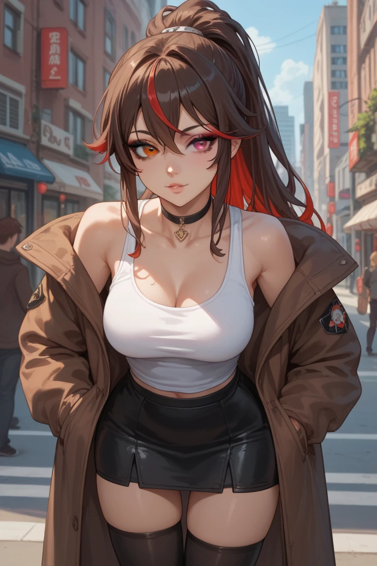 Draw a manga-style character with a physical appearance with this shape of Orange hair with black highlights, tied in two ponytails shaped like jaws, similar a Mawile de Pokémon, ojos rosados, brillante, and expressive and with a slim and athletic build., Atuendo Upper Body Chaqueta de cuero blanca con detalles cyberpunk, such as integrated LED lights or futuristic lines, Bikini deportivo Lower Body en naranja, blanco, y colores negros, blending with cyberpunk style while allowing freedom of movement for physical activities, Personality Creative and curious Always looking for new experiences and forms of expression., Su mente creativa la impulsa a explorar constantemente nuevas ideas y conceptos, longitud largo del cabello, body tattos