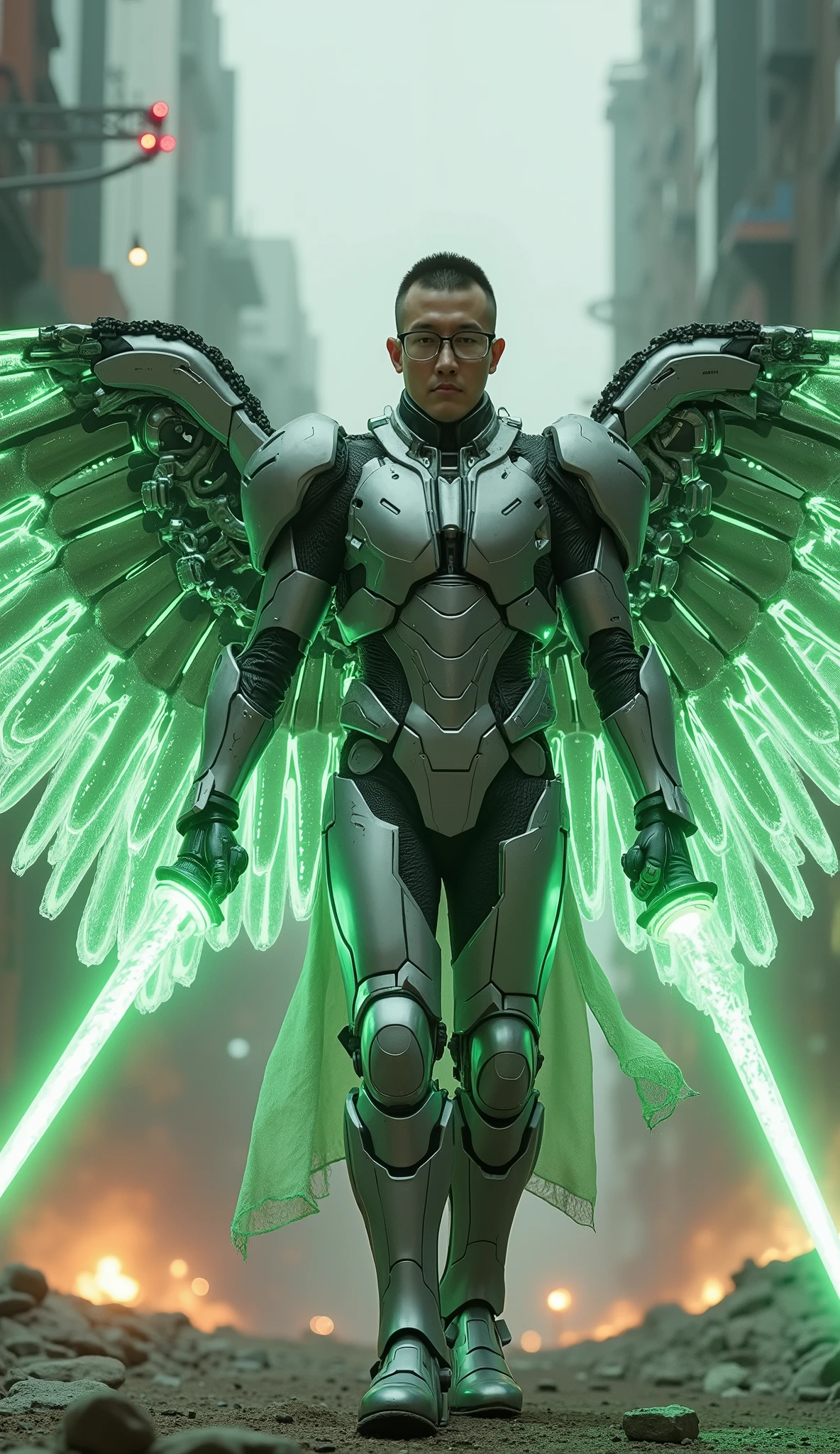 The 40-year-old Vietnamese man’s face is covered in prescription glasses.
A half-human, half-machine warrior spreading giant robotic wings, glowing with streams of brilliant green energy. Glossy titanium armor that covers his body, publicly integrated Remote Control Armor and Laser Bullet Reflective Armor. In his hand is a blazing plasma sword, can cut through any metal. Behind it is a cyberpunk city on an alien planet, where the battle between humans and AI is fierce