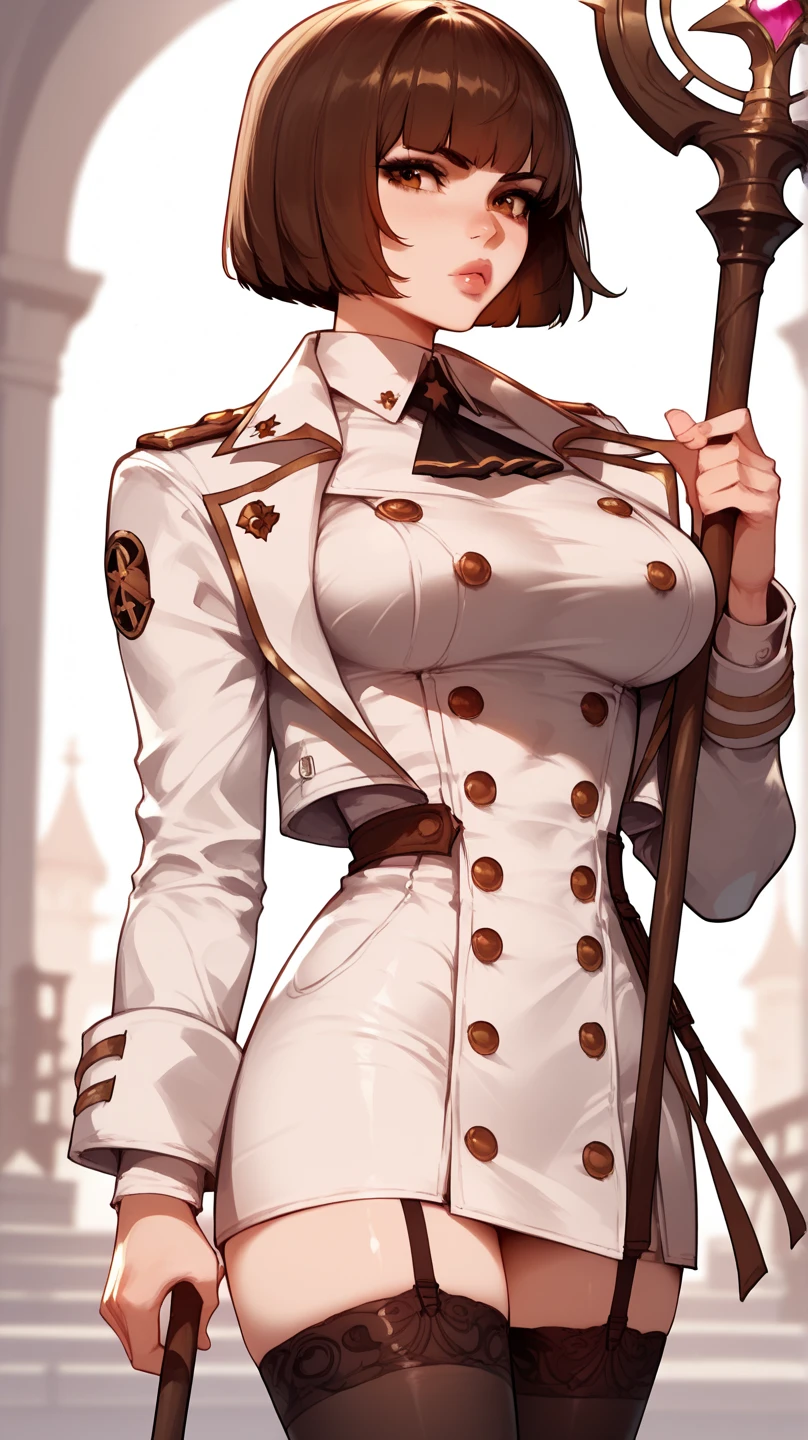 (Anime style artist by Jaehyo Lee:0.5),Rendering,Unreal Engine,octane lundrin,in style of Takeshi Obata,high res image,cowboy shot,masterpiece,best quality,mature female,girl,big breasts,cute face,simple background,jyojifuku,uniforms,white shirt,hat,boots,gloves,epaulettes,skirt,vivid color,solo,ribbon,
slim body shape,exercise regularly,(stockings:1.1),muscle-based,thick_thighs,chest chain,(blush:1.8),a smile full of seduction,(hold down the hat:1.6),(black-framed eyewear:1.4),holding the brim of the hat with his hand,reflected light from glasses,single bun,(head_tilt:1.5),