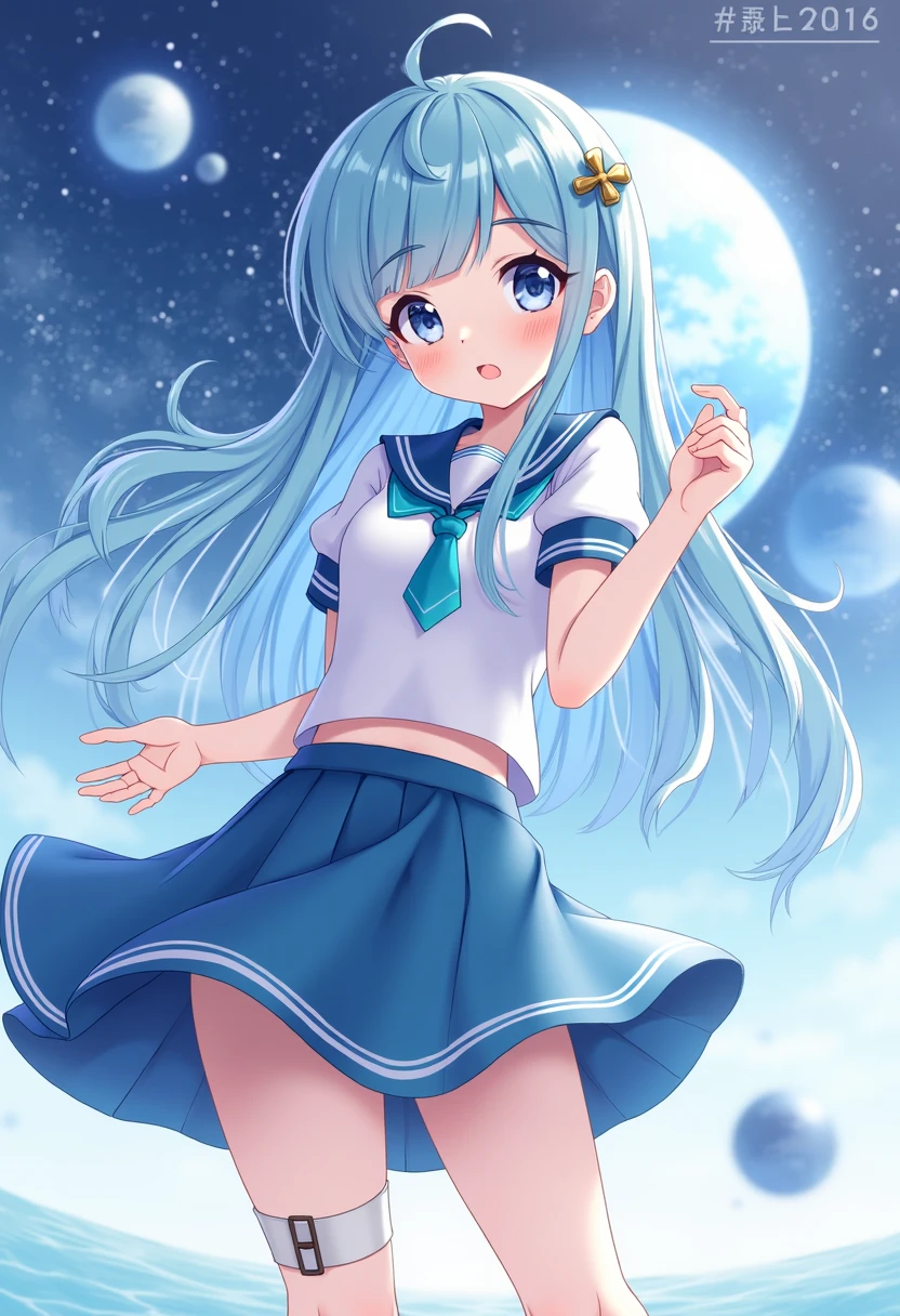 1girl, solo, long hair, blush, looking at viewer, bangs, skirt, eyebrows visible through hair, hair ornament, shirt, original, school uniform, hair between eyes, very long hair, blue hair, short sleeves, pleated skirt, serafuku, hairclip, looking back, signature, sailor collar, socks, blue skirt, floating hair, thigh strap, , outstretched arm, x hair ornament, blue sailor collar, floating, blue necktie, space, , planet, , earth (planet), logo design,hands frameout