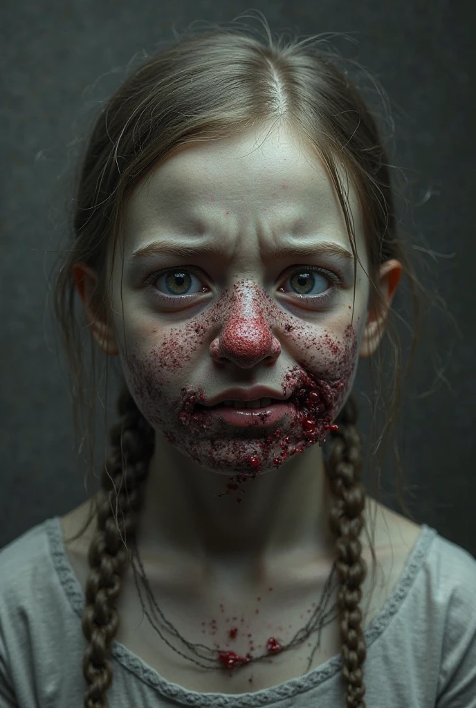 A detailed, terrifying, creepy, hideous doll head, served on a plate, like dinner. The head is full of blood, and it has a malicious expression, smiling.