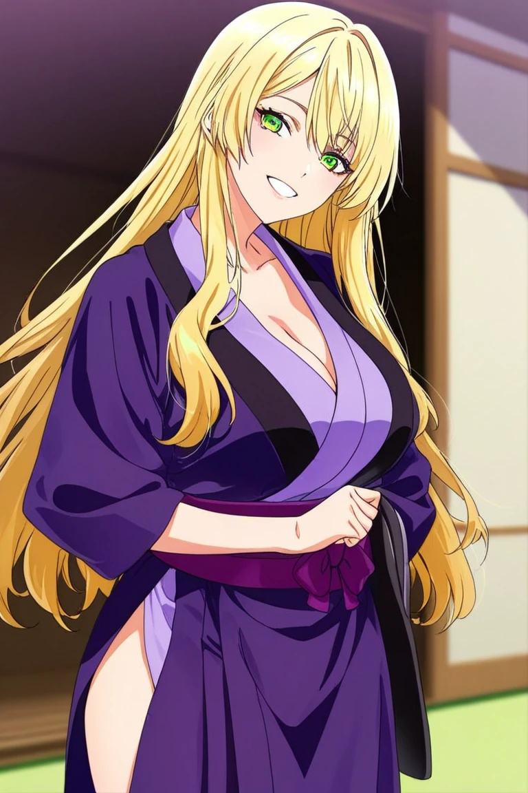 1girl，独奏，Long hair，Chest，Smile，blond，大Chest，Simple background，White background，Cleavage，Purple Eyes，whole body，Bathrobe，sandals，粉色Bathrobe